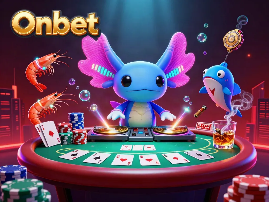 Experience the vibrant Onbet gaming scene with a neon axolotl DJ and poker elements in a dynamic 3D illustration.