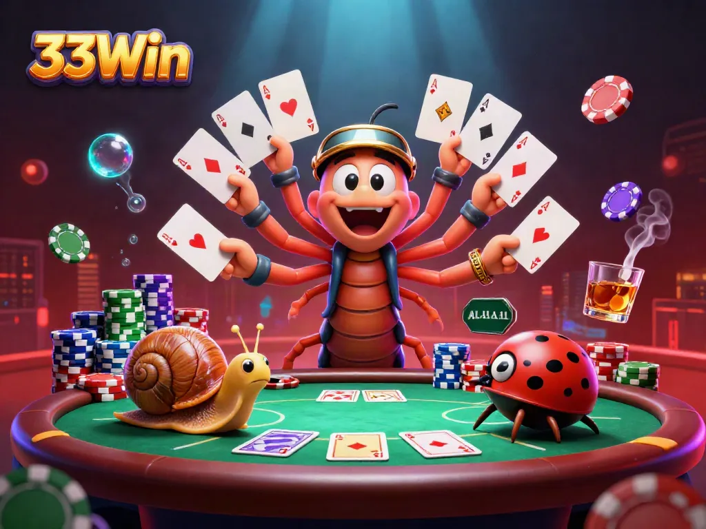 Engaging scene of 33Win's cartoon dealer with cards, snail high-roller, and excitement in a casino