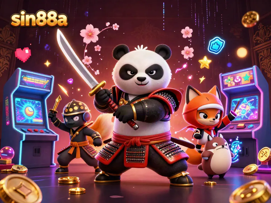 Engage with sin88a's vibrant casino action through a cartoon illustration of a samurai panda, ninja fox, and magical tanuki.