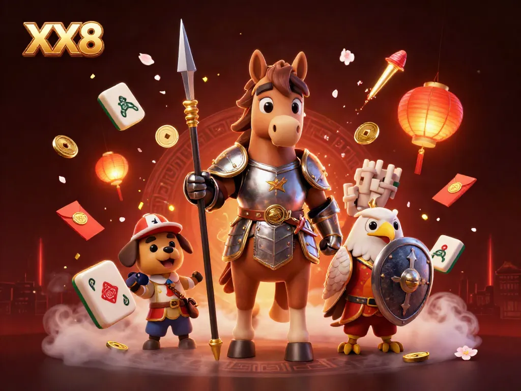 Engage with XX8 in a colorful 3D casino scene featuring a knight, puppy, and falcon.