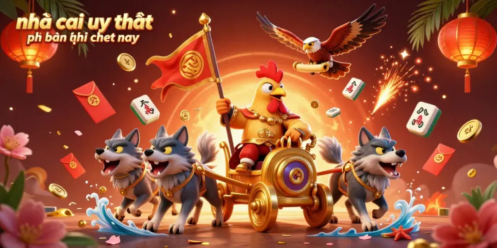 Engage with nhà cái uy tín phổ biến hiện nay through an artistic portrayal featuring a rooster warlord and dynamic casino symbols.