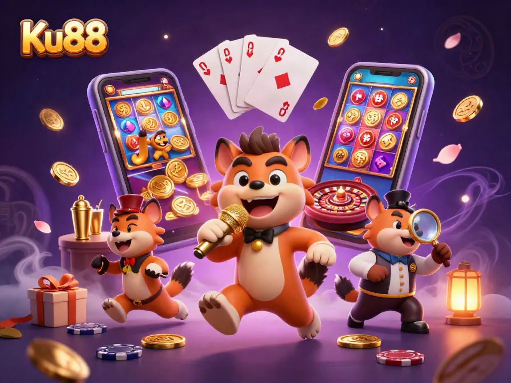 Experience excitement with Ku88's vibrant casino scene featuring lively hyenas, games, and entertainment.