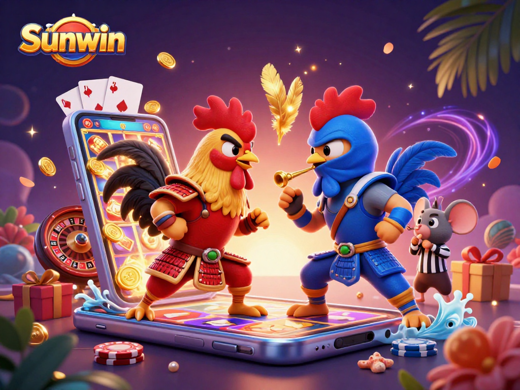 Engage with Sunwin's thrilling games as cartoon roosters clash in an animated casino atmosphere.