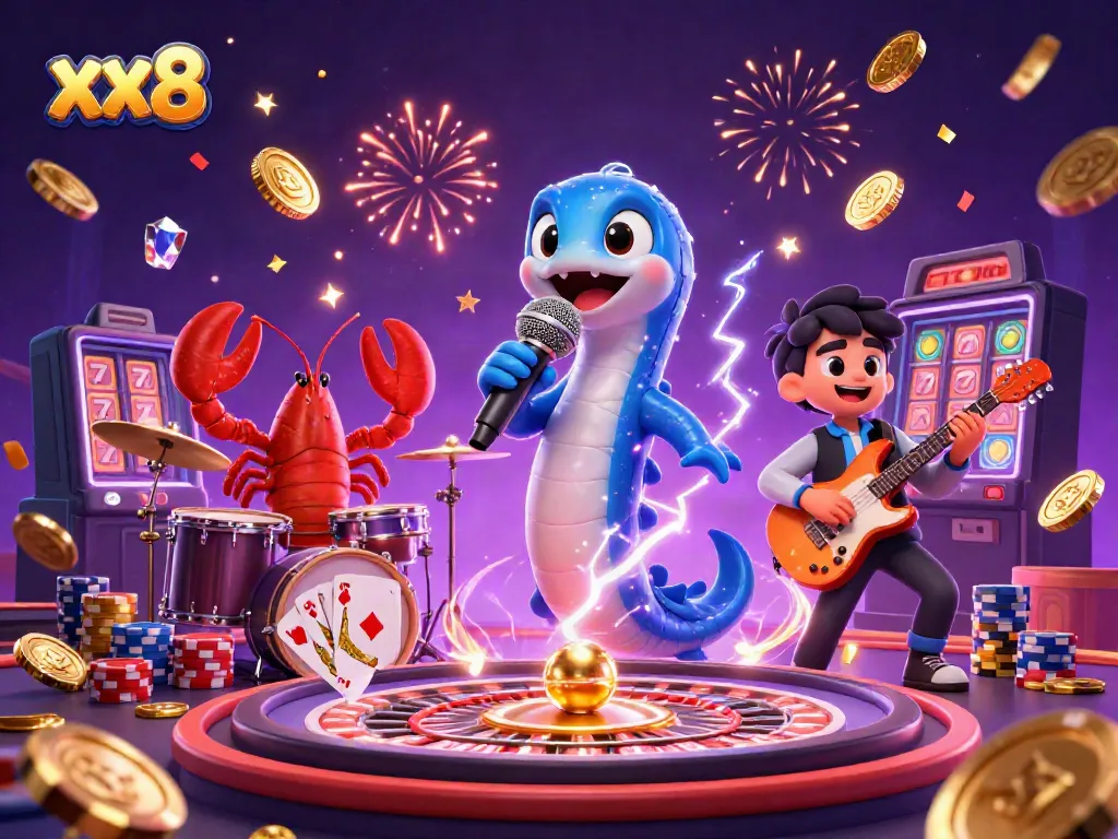 Join the underwater party at xx8 Casino with an electric eel DJ and colorful gaming elements.