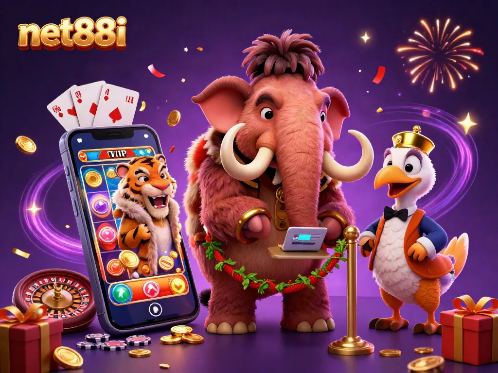 Experience the excitement at net88i with a vibrant casino scene featuring a woolly mammoth bouncer, VIP saber-tooth tiger, and a colorful slot game.