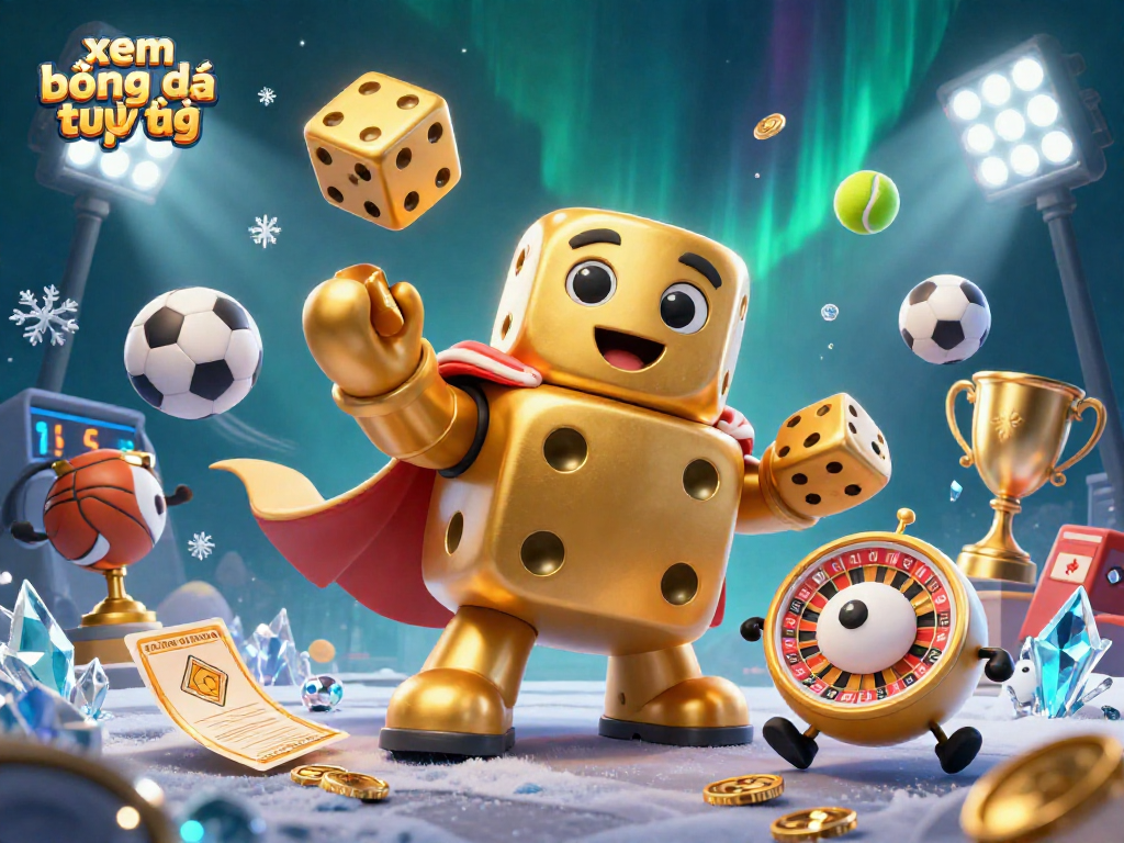 Xem bóng đá trực tiếp in a lively scene featuring golden dice, sports balls, and colorful elements in a captivating illustration.