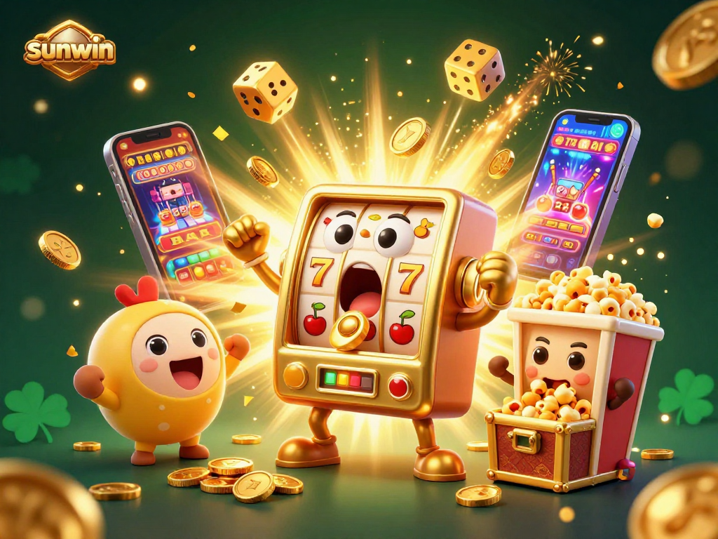 Experience the excitement of sunwin with a golden slot machine celebrating a jackpot win in a vibrant casino scene.
