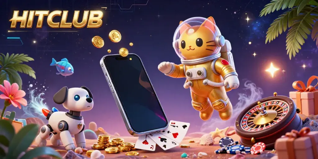 Experience exciting gameplay with HITCLUB's 3D cartoon scene featuring a golden astronaut cat and dynamic gaming elements.