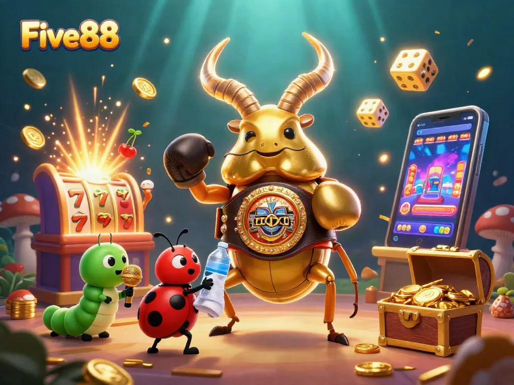 Explore vibrant casino experiences at Five88 with colorful slot machines and charming characters in action.