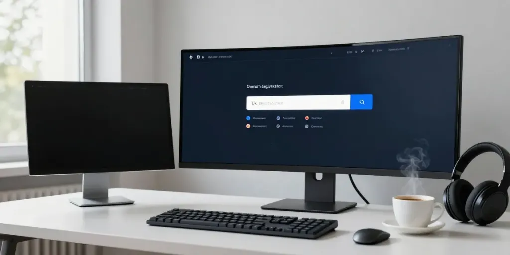 Buy .uk domain in a modern tech workspace with domain registration interface.
