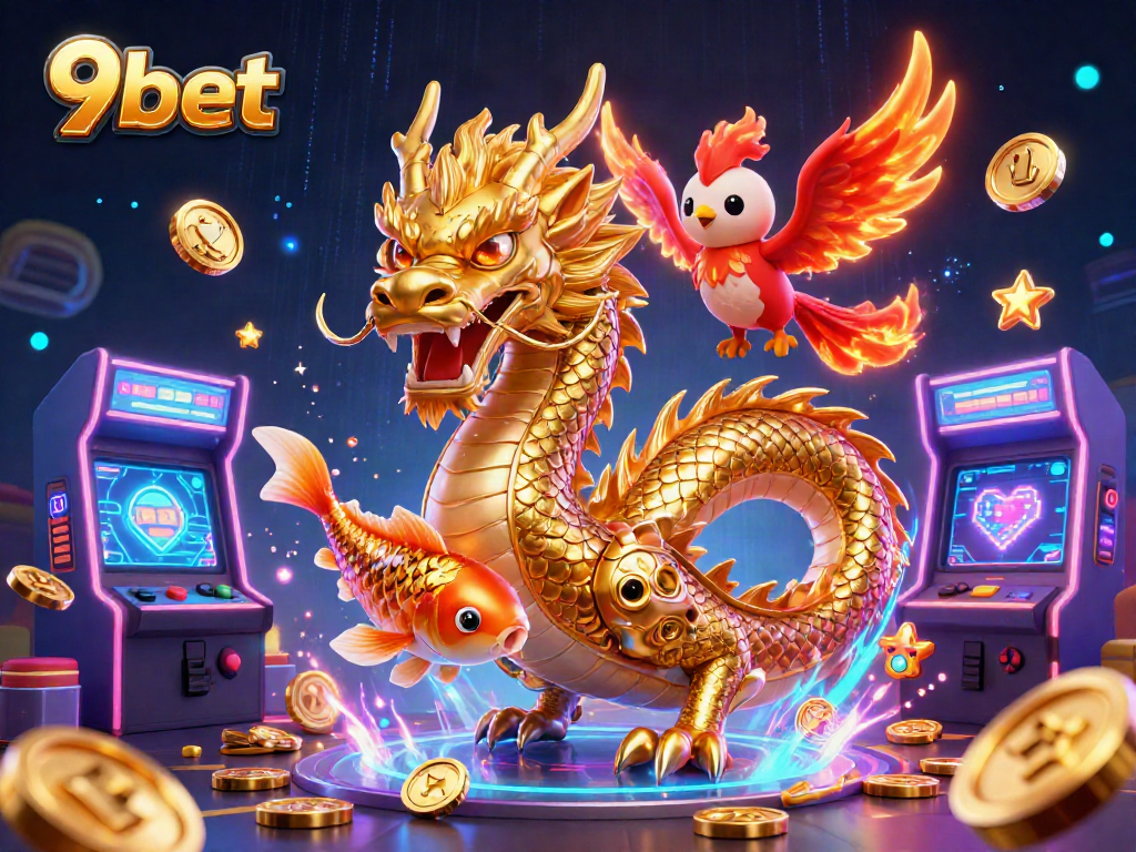 Bet on 9bet with a dynamic illustration featuring a dragon, phoenix, and koi fish amidst casino elements.