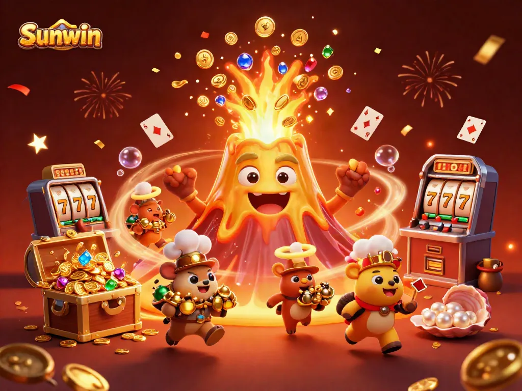 Experience the thrill of Sunwin as the golden volcano erupts coins and gems in a vibrant casino scene.