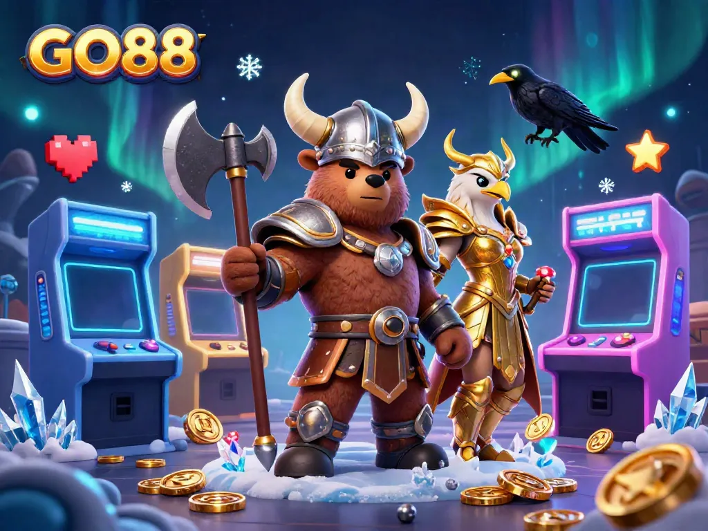 Experience GO88 with a thrilling 3D display of a Viking bear, Valkyrie eagle, and casino elements.