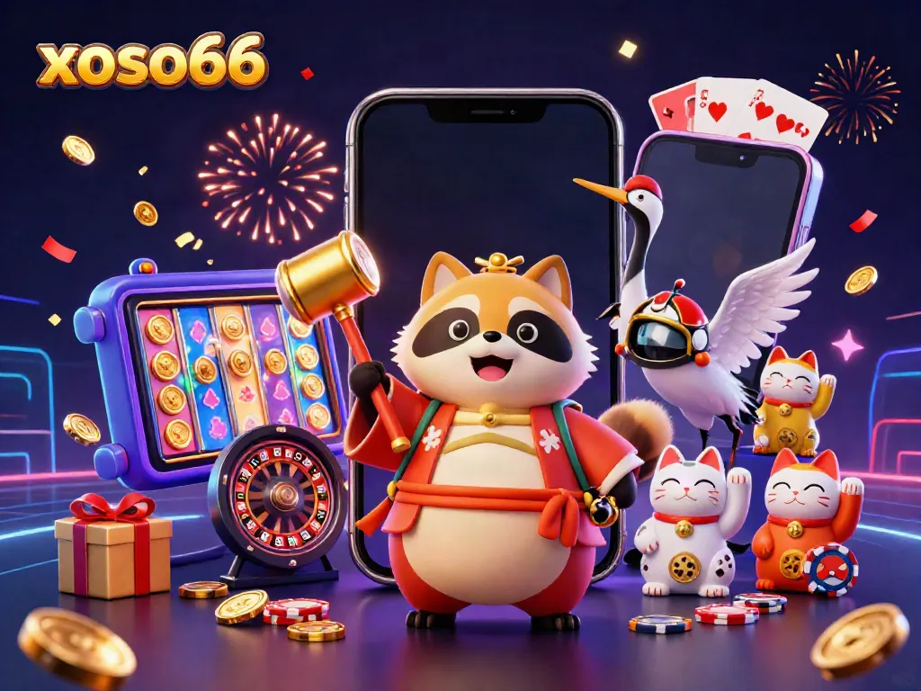 Play exciting slot games with xoso66 featuring a cheerful tanuki and lucky symbols!