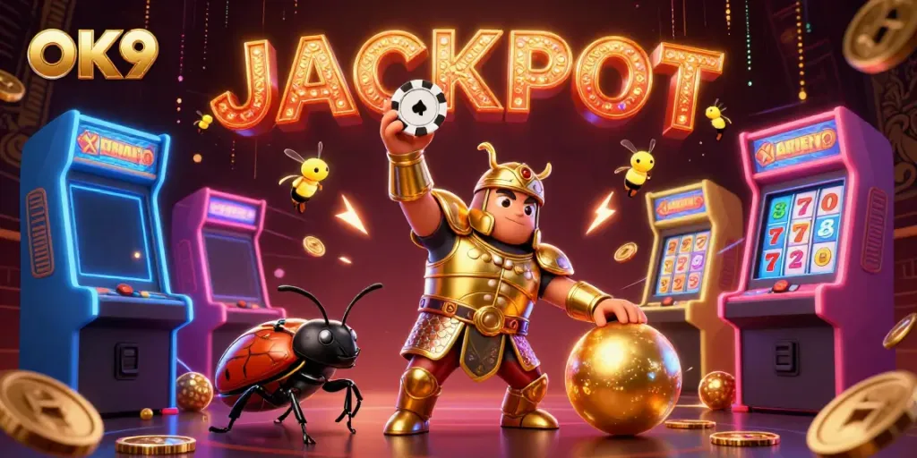 Spin the reels at OK9 with a victorious beetle and dazzling jackpots surrounding them.