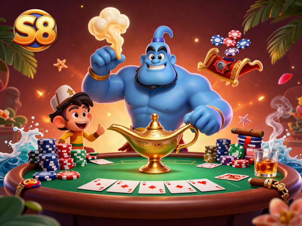 Join the thrilling S8 casino adventure with a vibrant poker scene and enchanting genie!