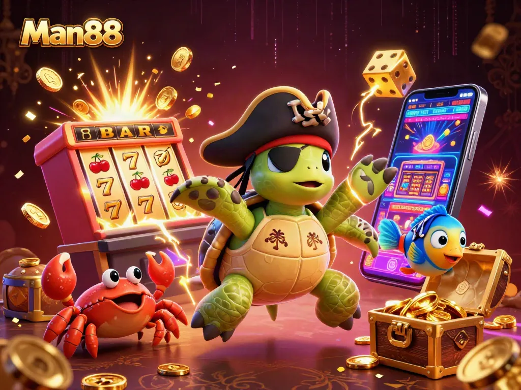Experience thrill with Man88 as cartoon pirate characters celebrate a jackpot in a vibrant casino.