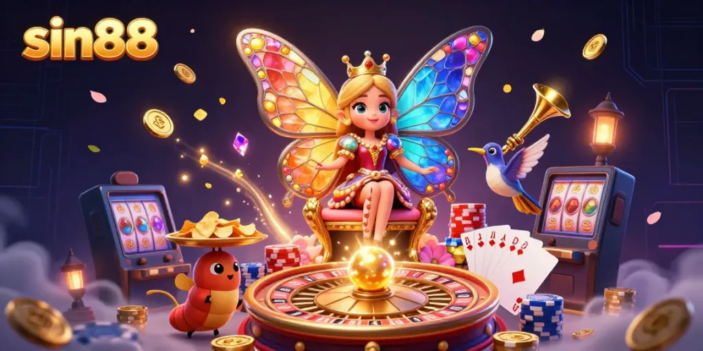 Experience betting excitement with the sin88 butterfly queen in a dazzling 3D casino illustration filled with vibrant elements.