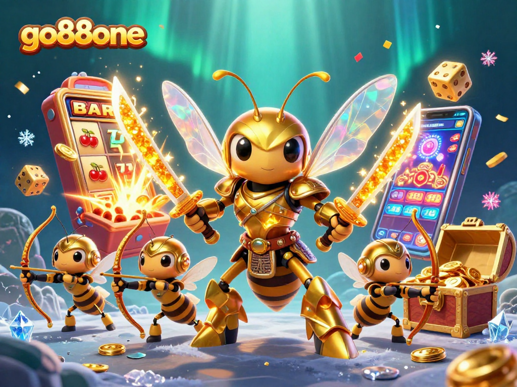 Experience thrilling gaming with go88one as a golden hornet samurai leads a vibrant casino scene.