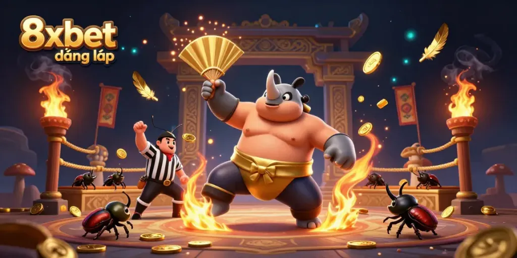 Engage in exciting gameplay with 8xbet đăng nhập as the rhinoceros beetle champion gathers golden coins.