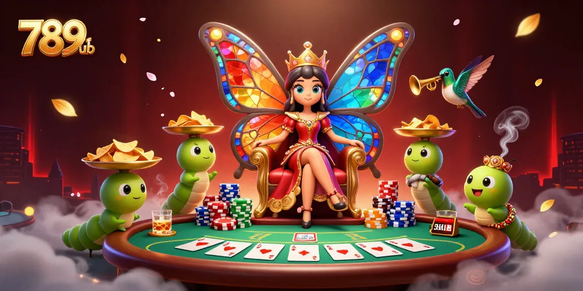 Engage in the vibrant world of 789club as a butterfly queen presides over a thrilling poker scene.