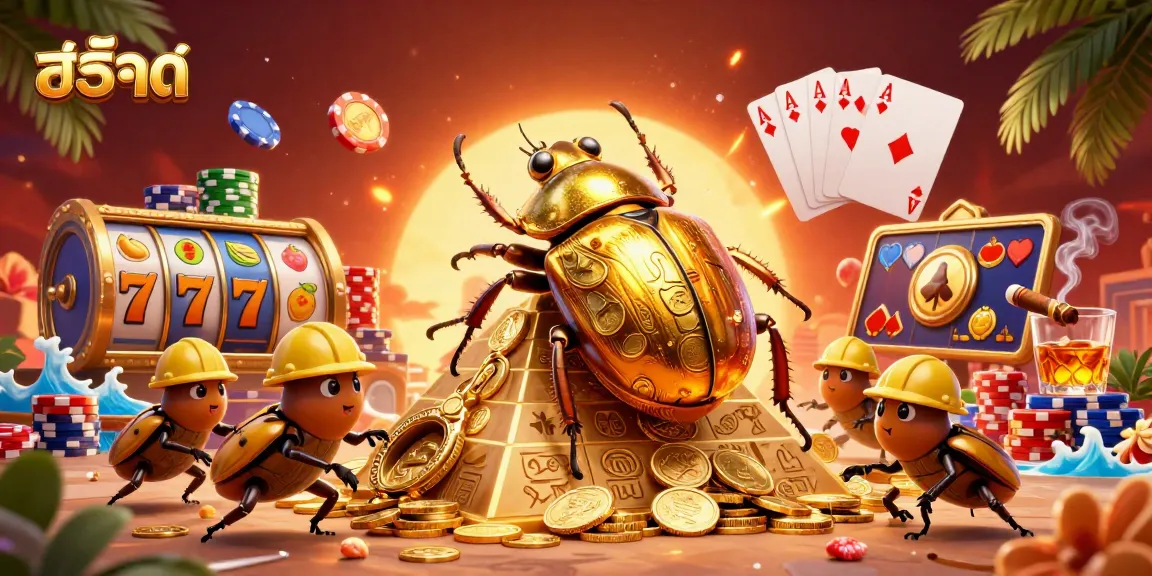 Experience tragamonedas excitement with สล็อต as golden beetles celebrate casino wins.