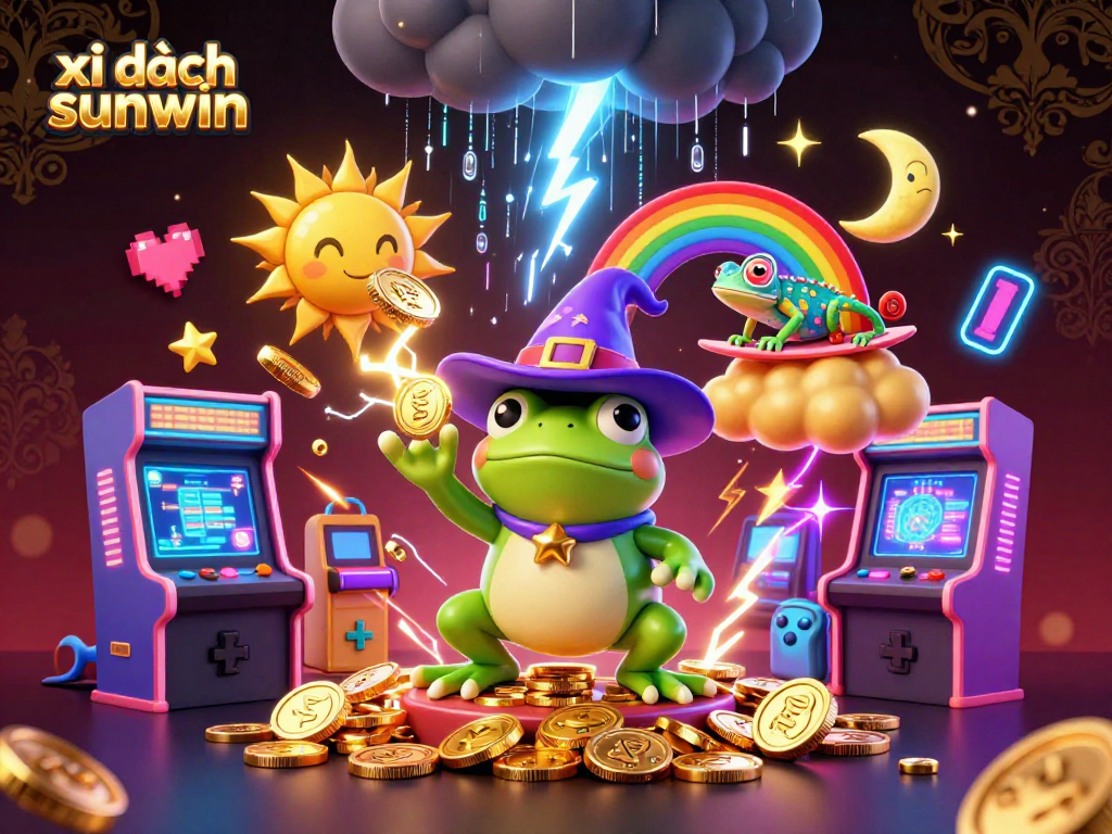 Play exciting xi dách sunwin with a vibrant scene of a storm of golden coins, lively characters, and glowing game elements.