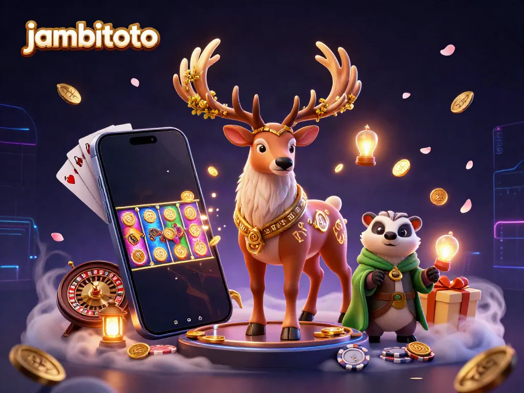 Engage with jambitoto in this vibrant 3D casino scene with thrilling slot games and enchanting characters.