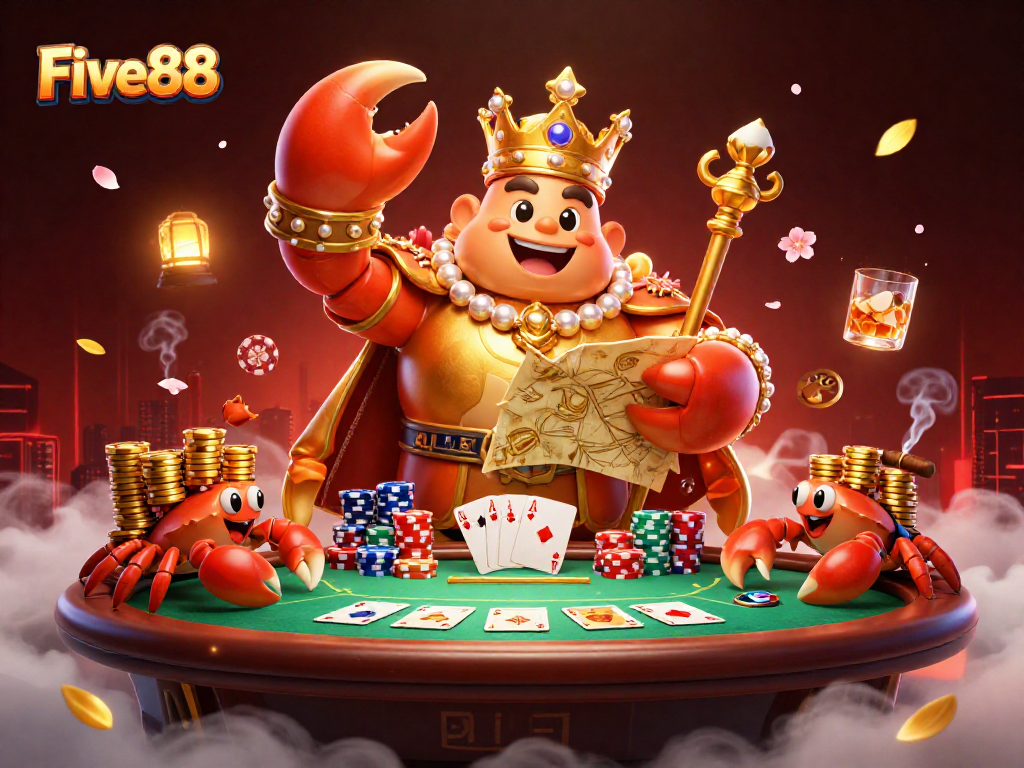 Experience Five88's exciting gaming realm with a golden crab emperor and lush casino elements.