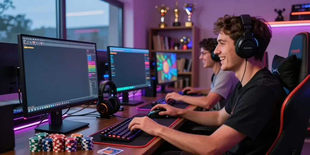 Engaging gaming scene at new non gamstop casinos with vibrant graphics and gaming accessories.
