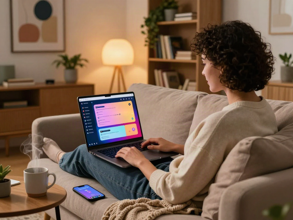 Engaging in nsfw ai chat on a stylish couch with a laptop and cozy atmosphere.