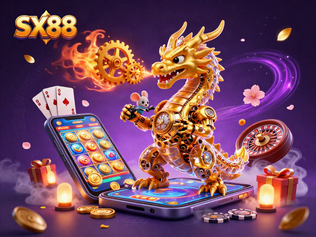 SX88 captures thrilling slot action with a dragon, vibrant games, and mystical elements.