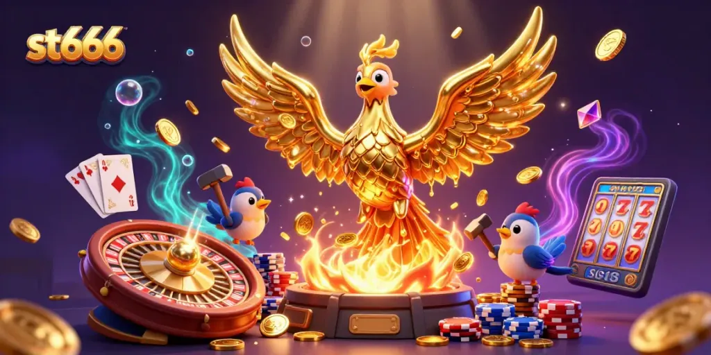 Experience the thrills of st666 with the golden phoenix at a bustling casino scene.
