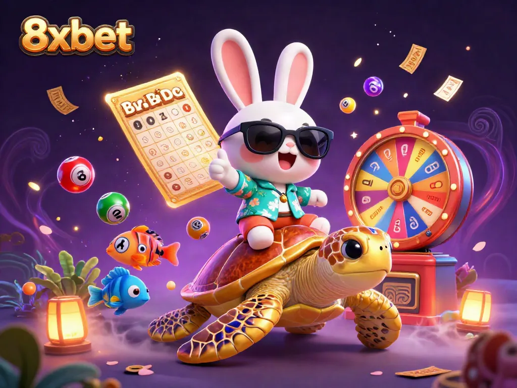 Engage with 8xbet's vibrant gaming world as the lucky rabbit rides a golden turtle in a dynamic celebration.