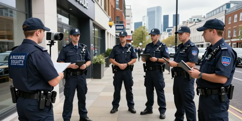 Private security team conducting security assessments in London, ensuring community safety.