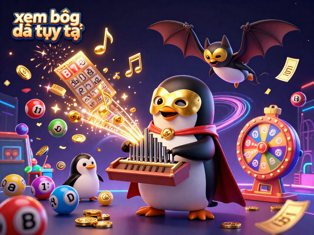 Xem bóng đá trực tiếp with a colorful scene featuring animated penguin and bat character celebrating in a dynamic casino atmosphere.