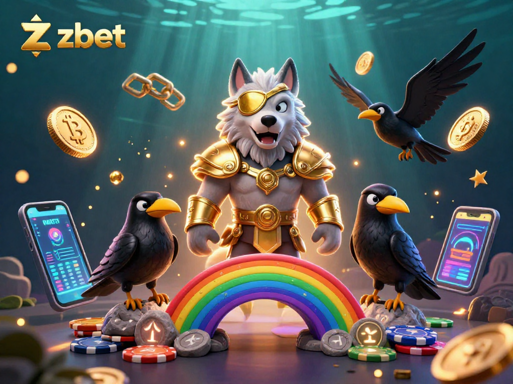 Zbet leads players into an exciting casino world with glowing crypto coins and vibrant game elements