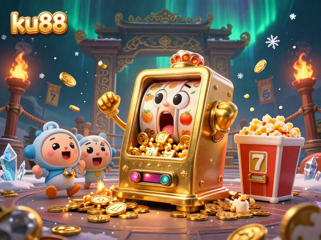 ku88 slots jackpot celebration with golden machines and coins in a vibrant casino scene.