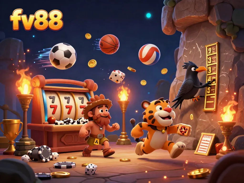 Experience the thrill of fv88 in a vibrant prehistoric casino, where playful characters engage in gambling excitement.