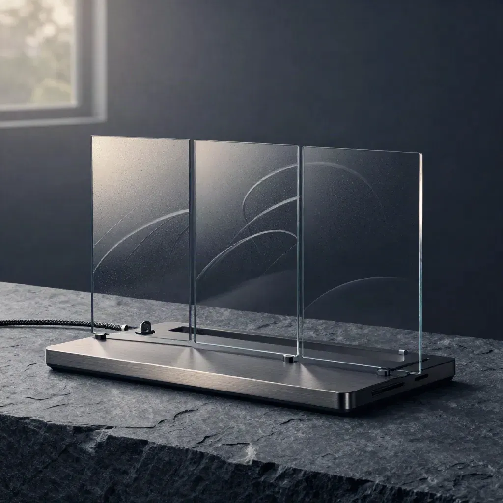 Graphite analytics console with translucent panels and brushed metal dock in moody studio light.