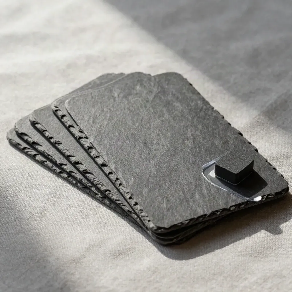 Slate attribution pack fanned on ash-grey linen with a clear spacer and matte puck