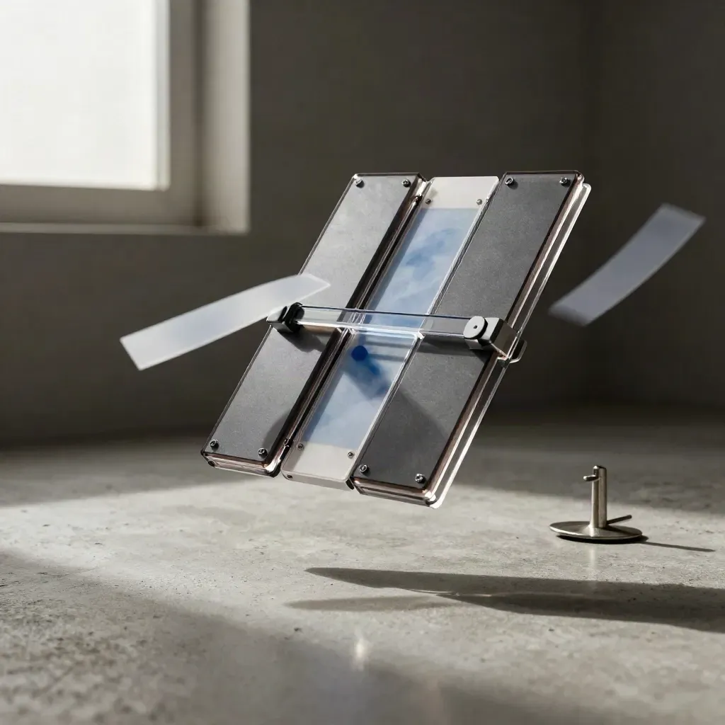 Suspended translucent analytics pack with offset modules and drifting sheets above concrete.