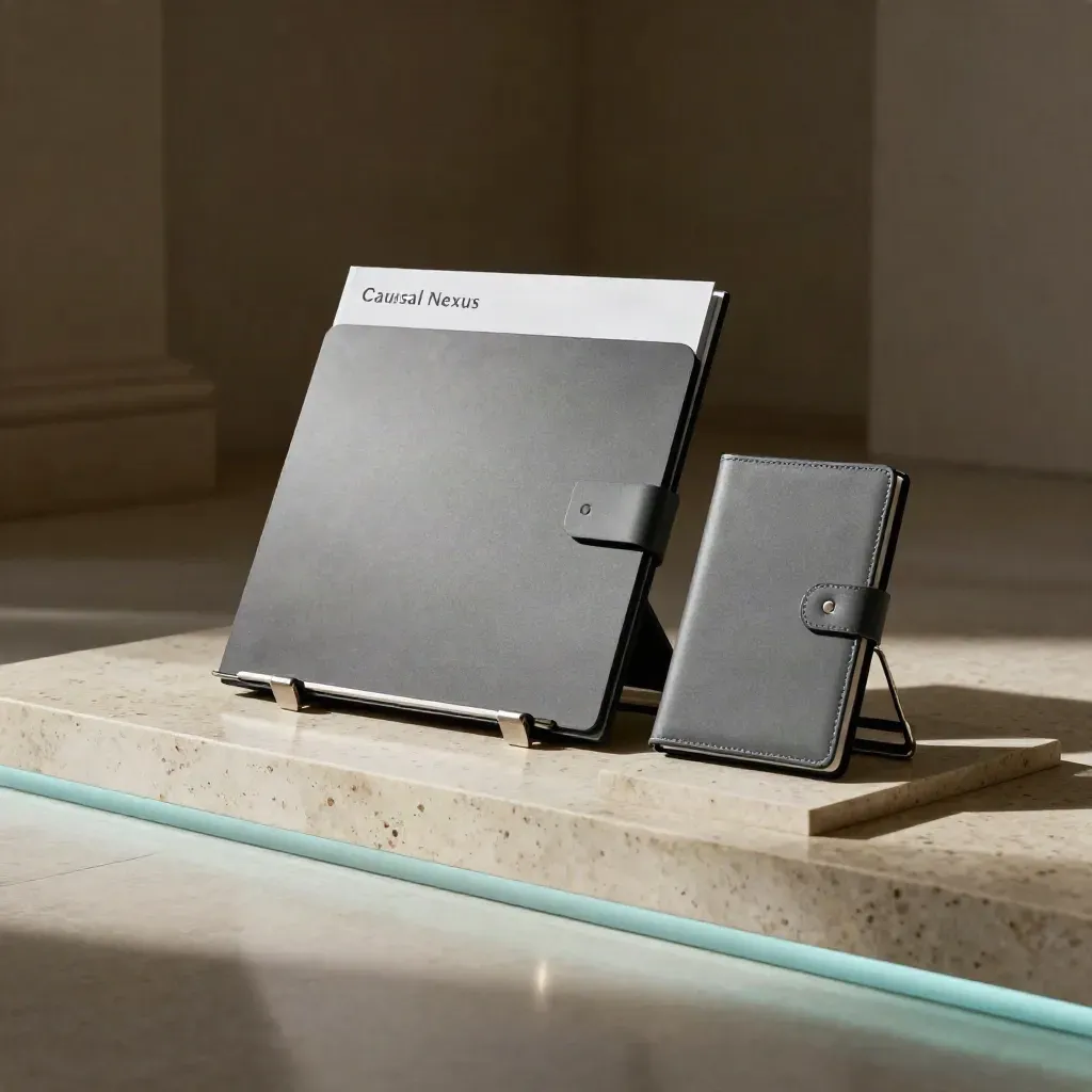 Analytics bundle on travertine plinth with steel props in a dark studio