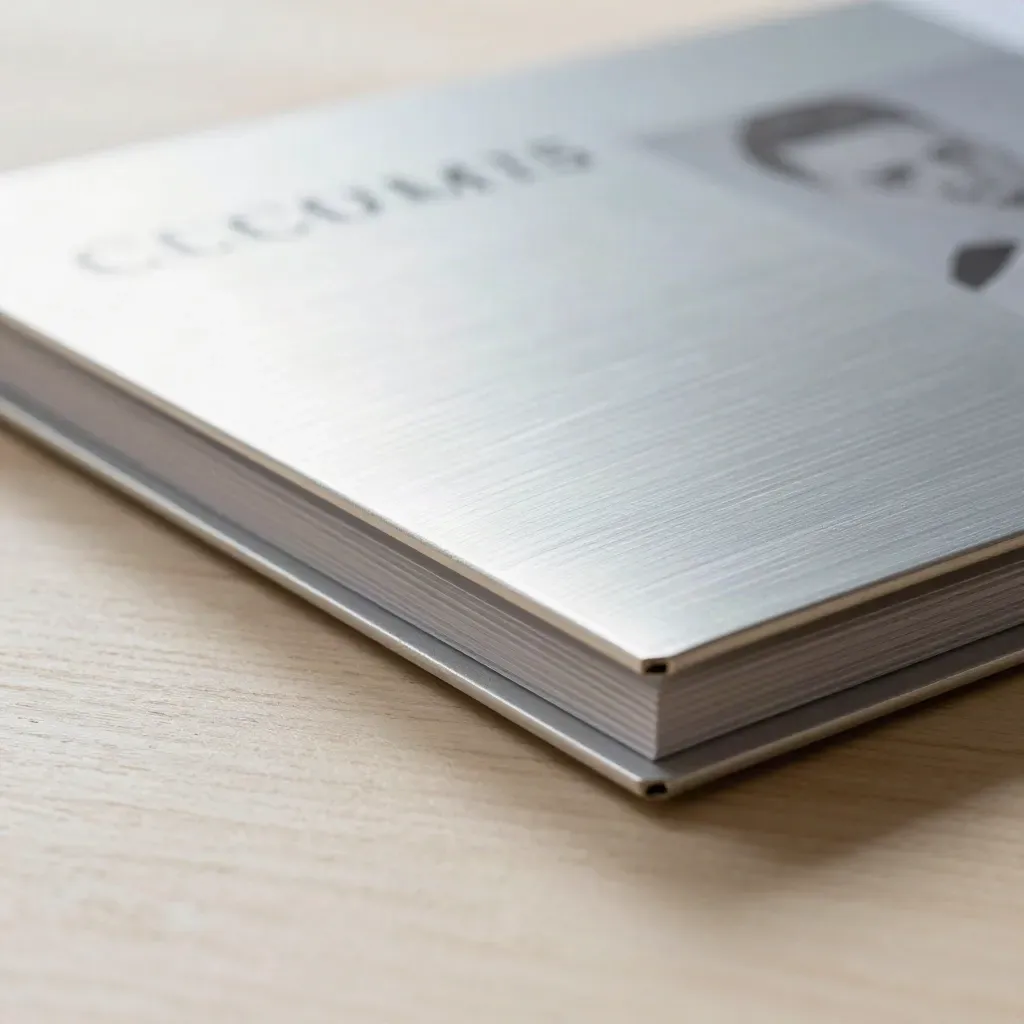 Brushed-aluminum report folio sliding on pale wood beside a stone weight.