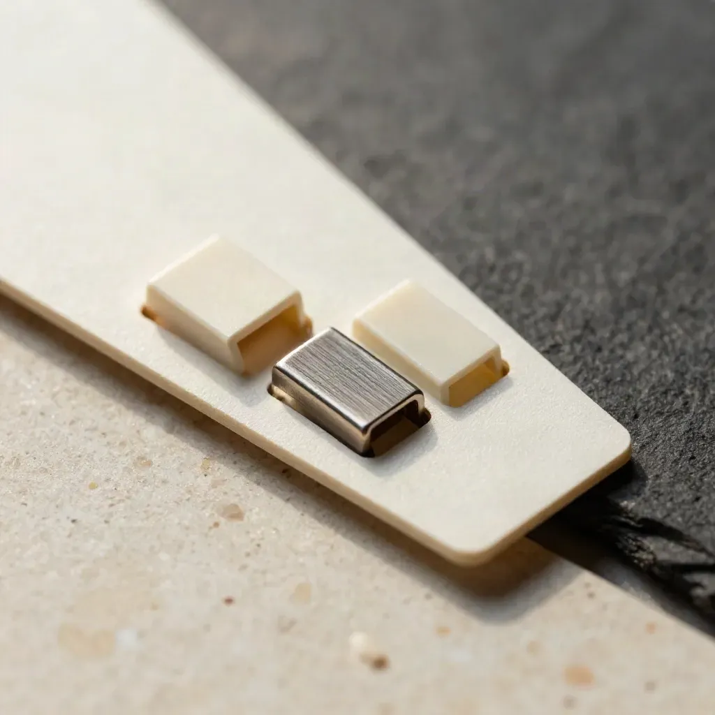 Macro of three connector tabs and a slim ivory card on pale travertine.