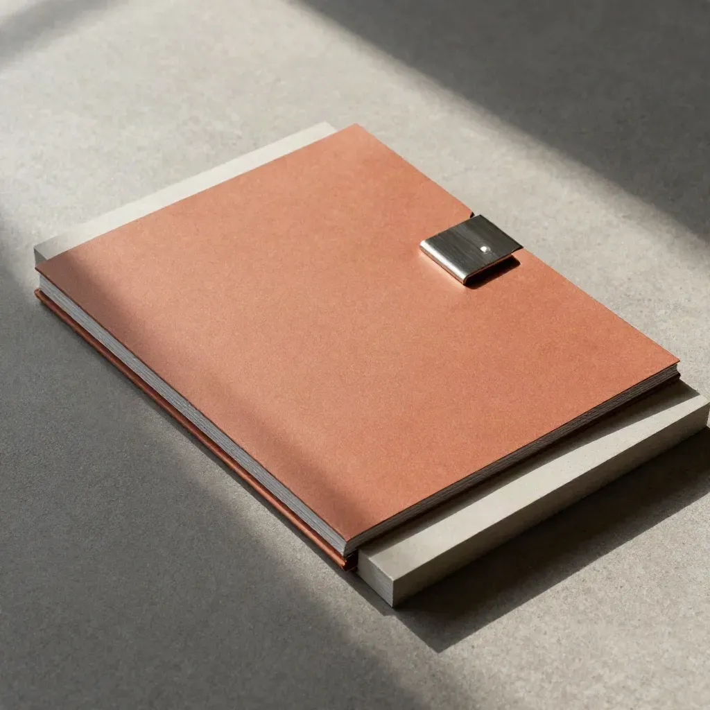 Overhead flatlay of a sealed board report pack with metal clip on concrete.