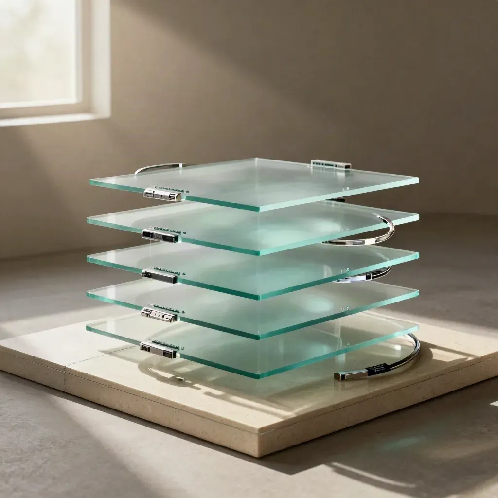 Translucent analytics slabs burst open with teal reflections on travertine in a dark studio