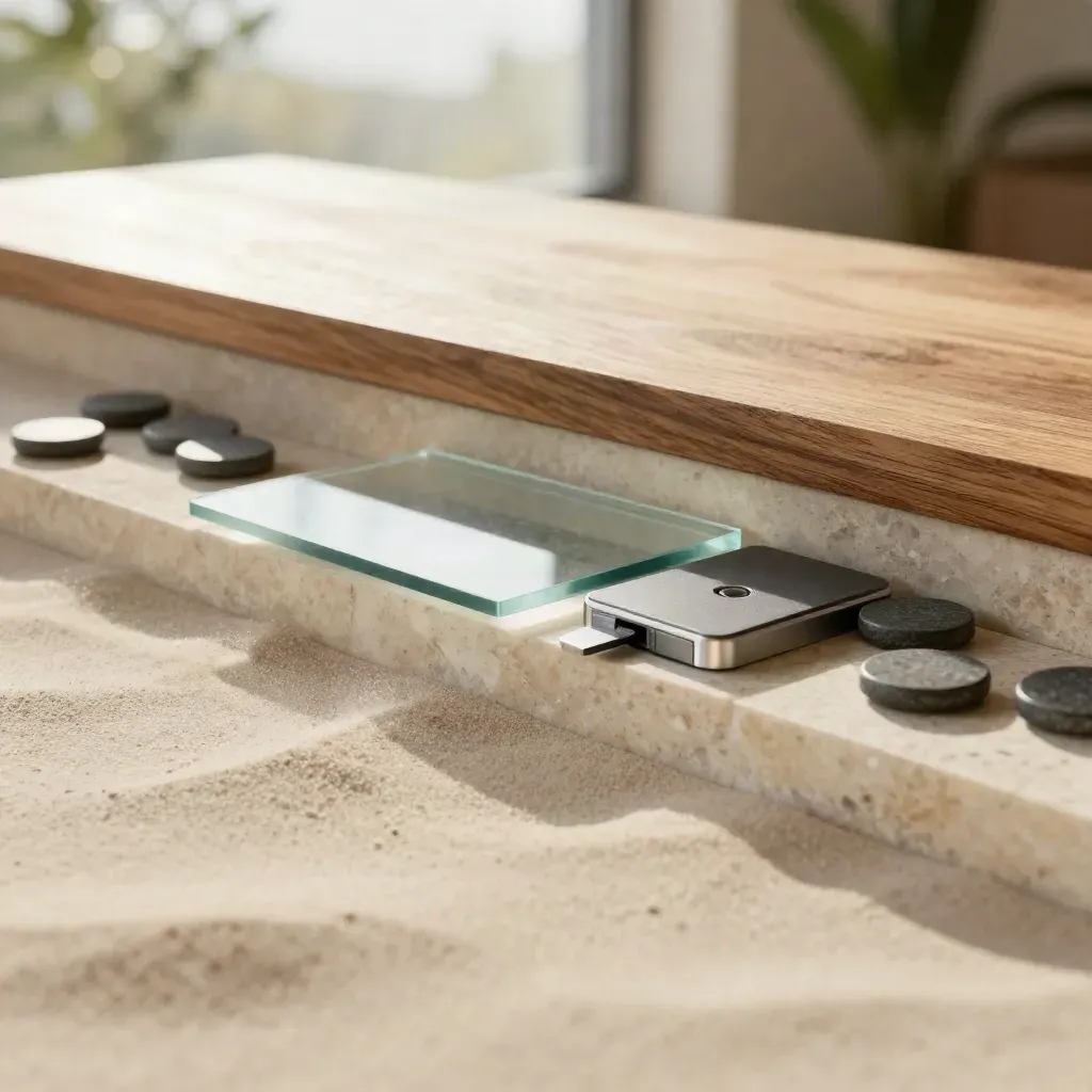 Limestone and oak surface with abstract analytics tiles, slate details, and morning light.