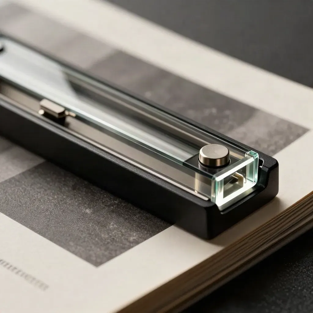 Smoked-glass experiment add-on snapping beside a black core block on a dark studio plinth.