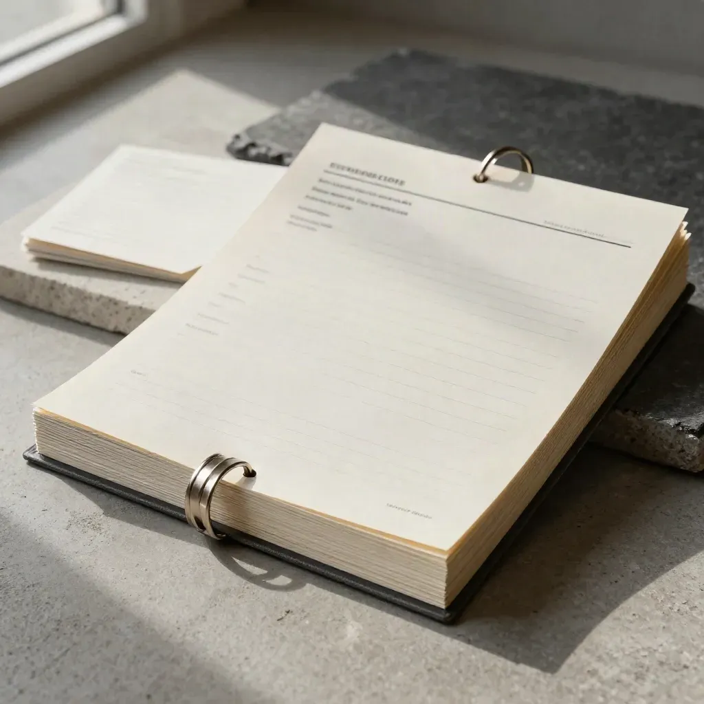 Approval sheets with a metal ring and folded card on concrete, in soft daylight